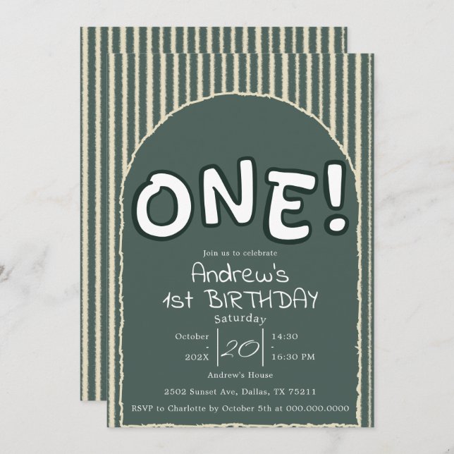 Convite Dark Green Stripes 1st Birthday (Frente/Verso)