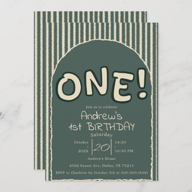 Convite Dark Green Stripes 1st Birthday (Frente/Verso)