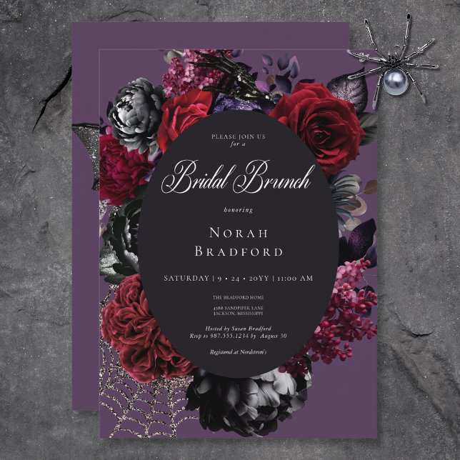 Convite Dark Halloween Glam Floral Purple Bridal Brunch (Dark Halloween Glam Floral Purple Bridal Brunch Invitation)