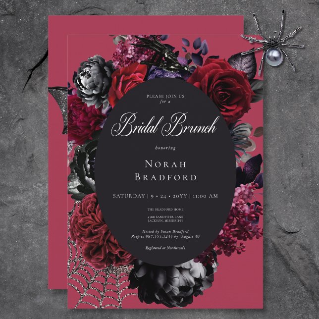 Convite Dark Halloween Glam Floral Red Bridal Brunch (Dark Halloween Glam Floral Red Bridal Brunch Invitation)