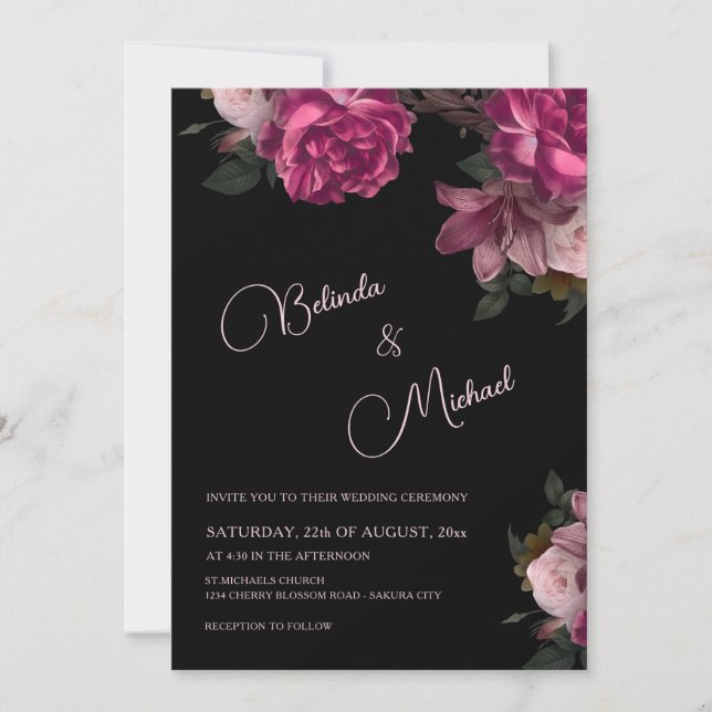 Convite Dark Hand Drawn Roses Photo Wedding (Frente)