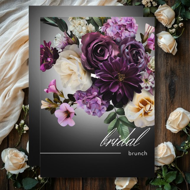 Convite Dark Midnight Purple Floral Romance Bridal Brunch (Dark Midnight Purple Floral Romance Bridal Brunch Invitation)