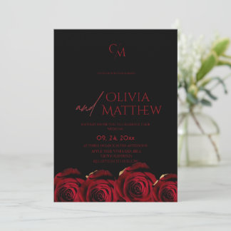 Convite Dark Modern Red Roses Black Wedding