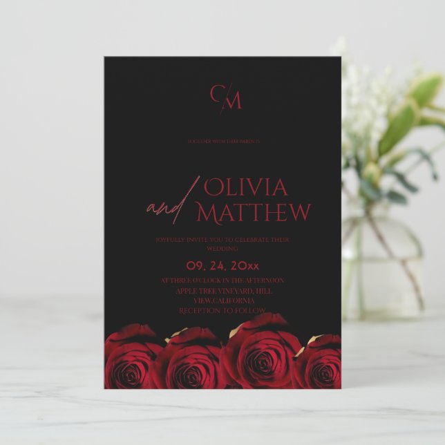Convite Dark Modern Red Roses Black Wedding (Em pé/Frente)
