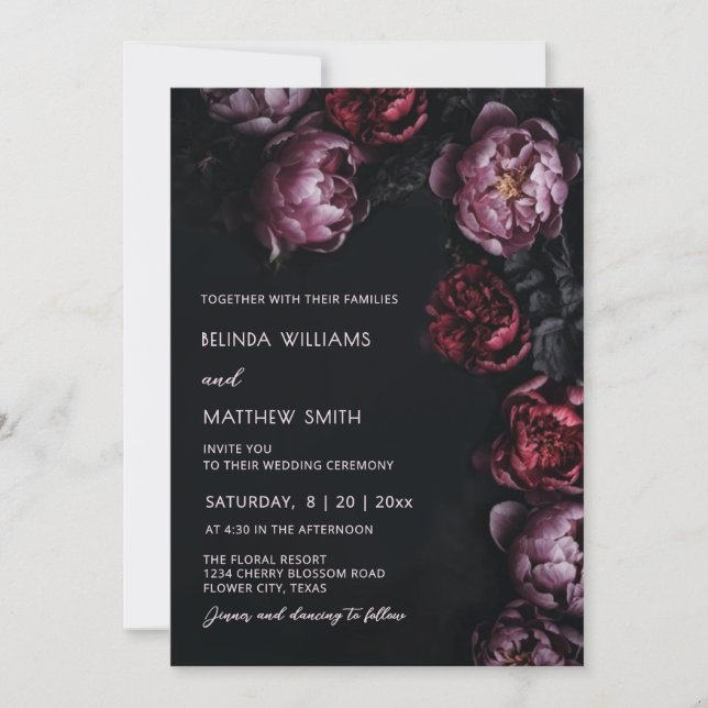 Convite Dark Moody 3D Flowers Wedding Invitation (Frente)