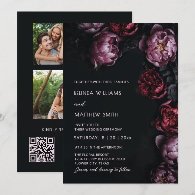 Convite Dark Moody 3D Flowers Wedding Invitation (Frente/Verso)