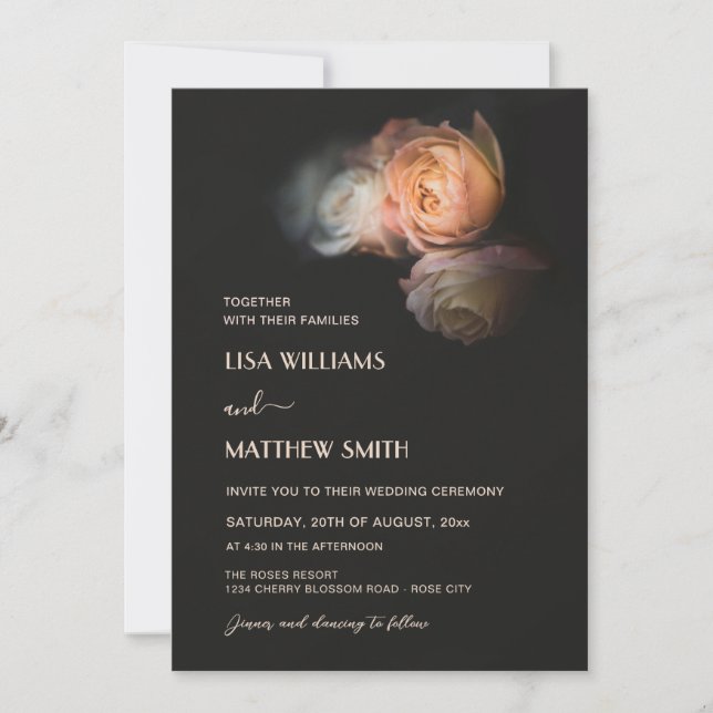 Convite Dark Moody Blush Apricot Roses Wedding (Frente)