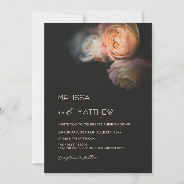 Convite Dark Moody Blush Apricot Roses Wedding (Frente)