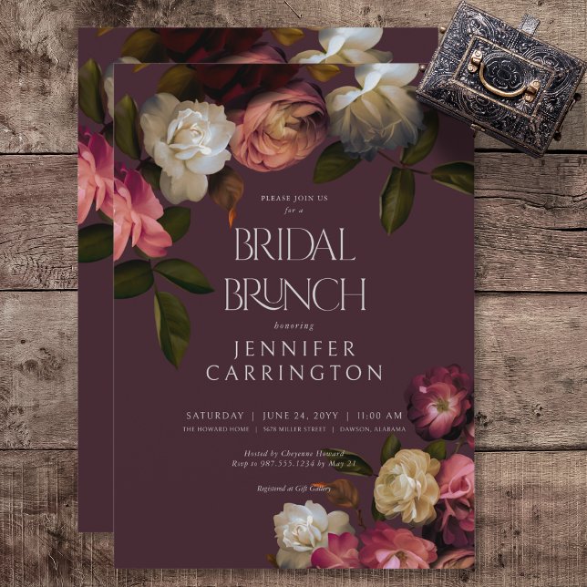 Convite Dark Moody Burgundy e Cream Peonies Bridal Brunch (Dark Moody Pink Burgundy & Cream Peonies Bridal Brunch Invitation)
