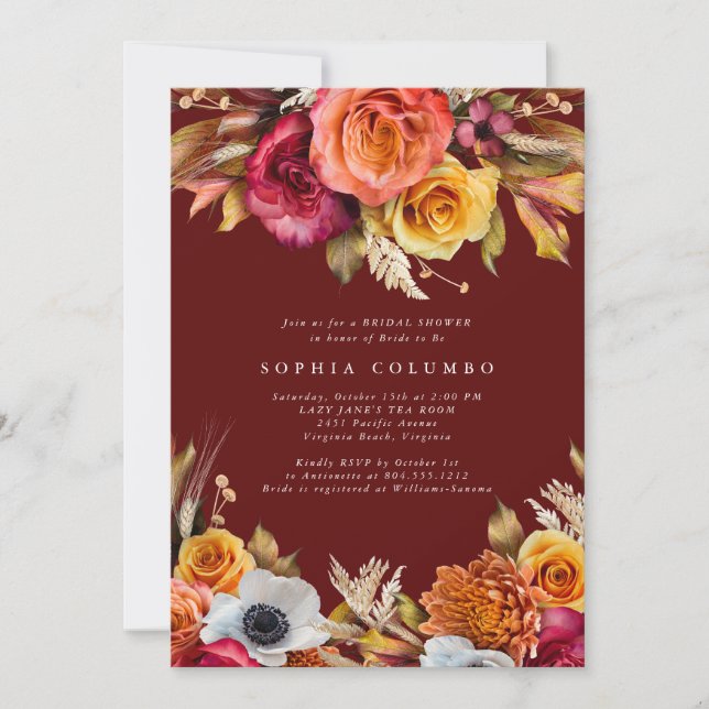 Convite Dark Moody Fall Floral lRomantic Bridal Shower  (Frente)