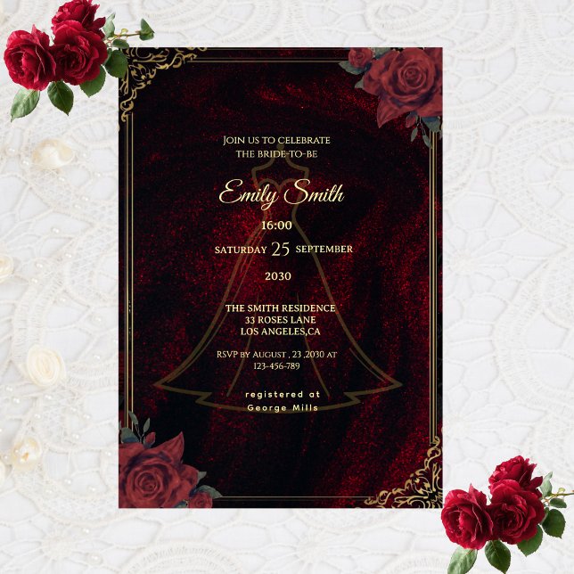 Convite Dark Moody Gothic Red Roses Elegant Bridal Shower (Criador carregado)