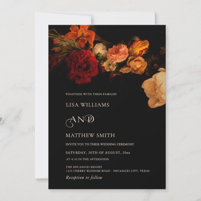 Convite Dark Moody Painted Flowers  Wedding (Frente)
