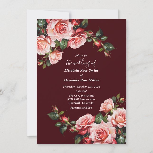 Convite Dark moody pink and red roses maroon wedding (Frente)