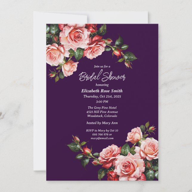 Convite Dark moody pink and red roses purple bridal shower (Frente)