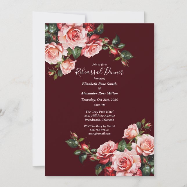 Convite Dark moody pink and red roses Rehearsal Dinner (Frente)