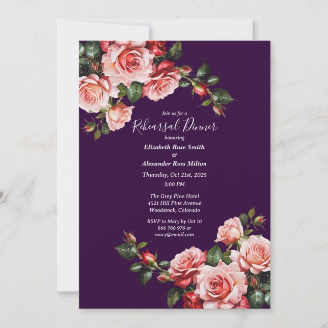 Convite Dark moody pink and red roses Rehearsal Dinner (Frente)