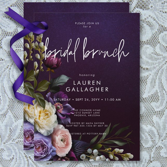 Convite Dark Moody Purple e Cream Floral Bridal Brunch (Dark Moody Purple & Cream Floral Bridal Brunch Invitation)