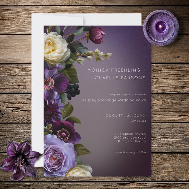 Convite Dark Moody Purple Lavender Floral Modern Wedding (Dark Moody Purple Lavender Floral Modern Wedding Invitation)