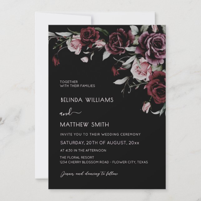 Convite Dark Moody Roses Black Background | Photo Wedding (Frente)