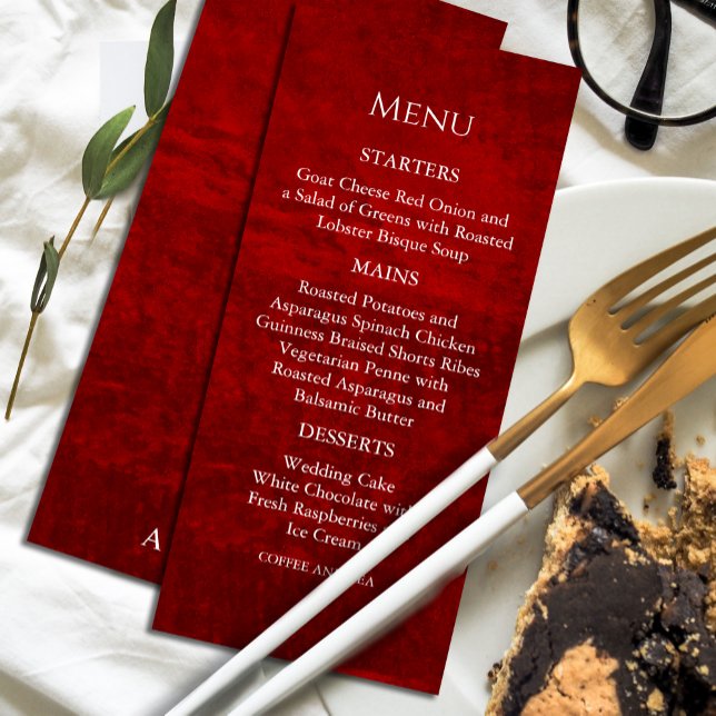 Convite Dark Moody Royal Red com Menu Scratches (Dramatic and chic, our scratched red invitation with elegant white calligraphy. #menuinvitation)