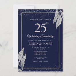 Convite Dark Navy Blue Silver Leaf Wedding Anniversary 