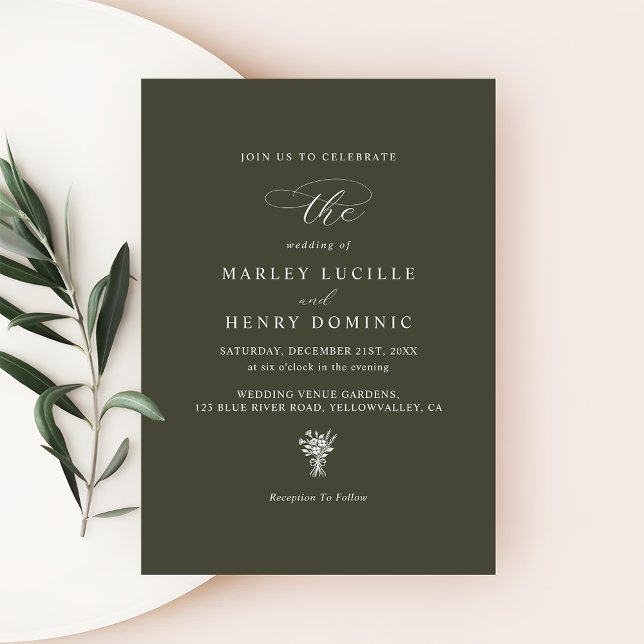 Convite Dark Olive Green Formal Modern Typography Wedding (Criador carregado)