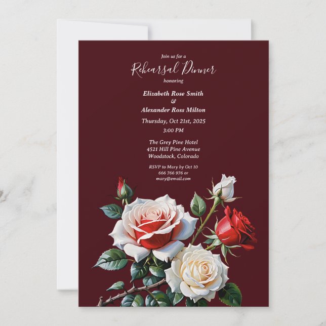 Convite Dark Pretty pink white red roses Rehearsal dinner (Frente)
