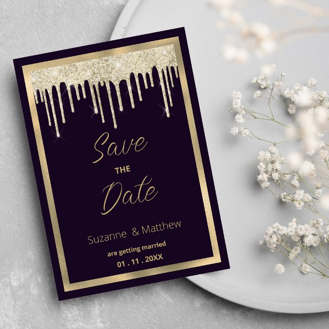 Convite Dark purple gold luxury glitter drip Save the Date (Dark purple gold luxury glitter drip Save the Date )