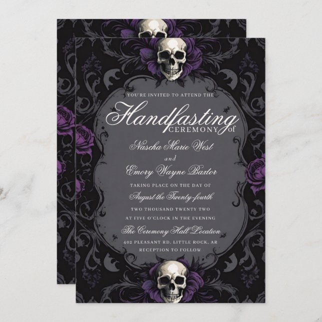 Convite Dark Purple Gothic Boho Floral Skull Handfasting (Frente/Verso)
