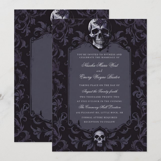 Convite Dark Purple Gothic Boho Floral Skull Wedding (Frente/Verso)