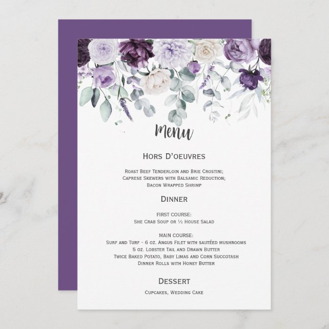 Convite Dark Purple, Lavender, White Wedding Menu (Frente/Verso)