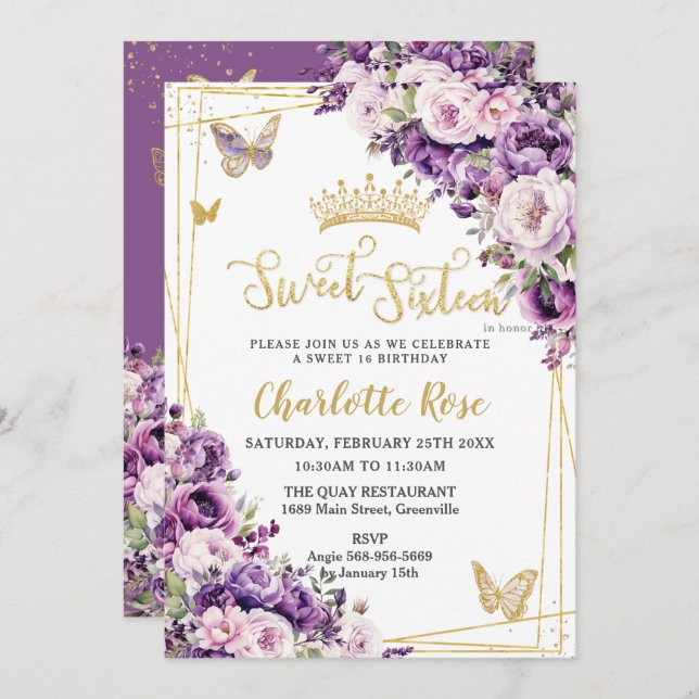 Convite Dark Purple Lilac Blush Floral Roses Sweet 16 (Frente/Verso)