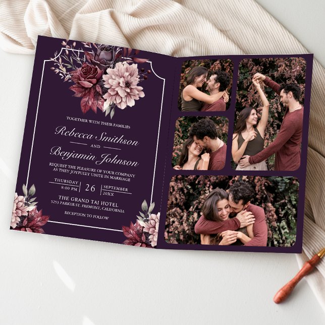 Convite Dark Purple Moody Floral Frame QR Code Wedding (Criador carregado)