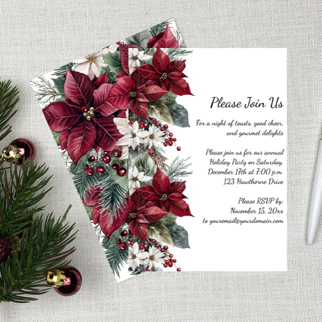 Convite Dark Red and White Poinsettia Christmas Party | (Criador carregado)