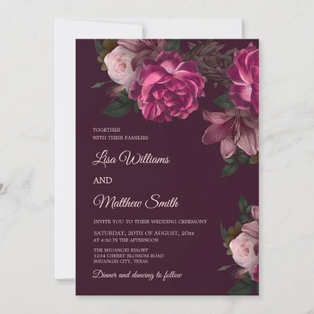 Convite Dark Romantic Hand Drawn Roses Wedding (Frente)