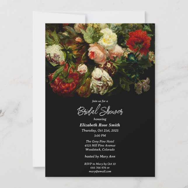 Convite Dark romantic moody elegant floral Bridal Shower  (Frente)