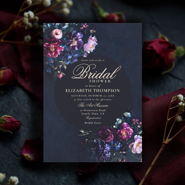 Convite Dark Romantic Moody Florals Jewel Bridal Shower (jewel tone bridal shower invitation dark moody romantic gothic dutch painting navy blue emerald fuch)