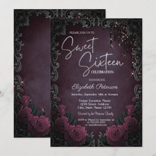 Convite Dark Roses Quadro Burgundy Glitter Gotas Doce 16