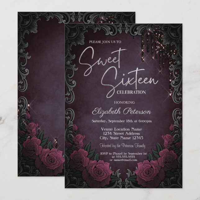 Convite Dark Roses Quadro Burgundy Glitter Gotas Doce 16  (Frente/Verso)