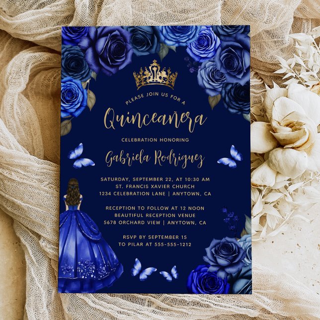 Convite Dark Royal Blue Floral Princess Quinceañera (Criador carregado)