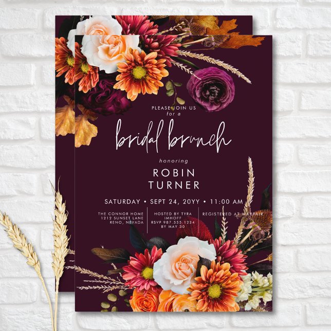 Convite Dark Russet Boho Floral Burgundy Bridal Brunch (Dark Russet Boho Floral Burgundy Bridal Brunch Invitation)