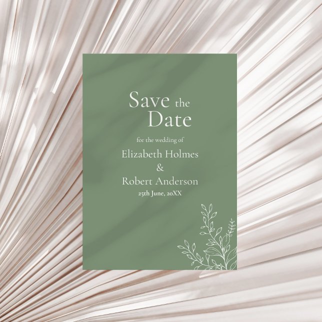 Convite Dark Sage Green Botanical Save the Date (Dark Sage Green Botanical Save the Date Invitation on a neutral dry palm leaf.)