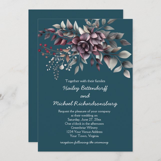 Convite Dark Teal, Burgundy, Dusty Purple, Sage Wedding | (Frente/Verso)