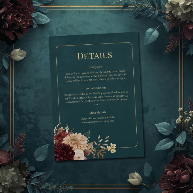 Convite Dark Teal Floral Gothic Wedding Details Card (Dark Teal Floral Gothic Wedding Details Card on a teal wedding table with vintage flowers.)