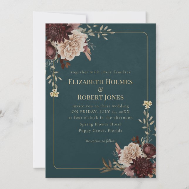 Convite Dark Teal Floral Gothic Wedding Invitation (Frente)