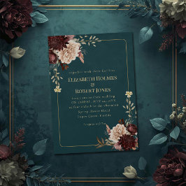 Convite Dark Teal Floral Gothic Wedding Invitation