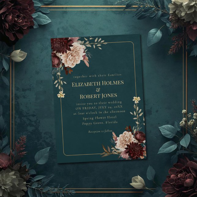 Convite Dark Teal Floral Gothic Wedding Invitation (Dark Teal Floral Gothic Wedding Invitation on a teal wedding table with vintage flowers)
