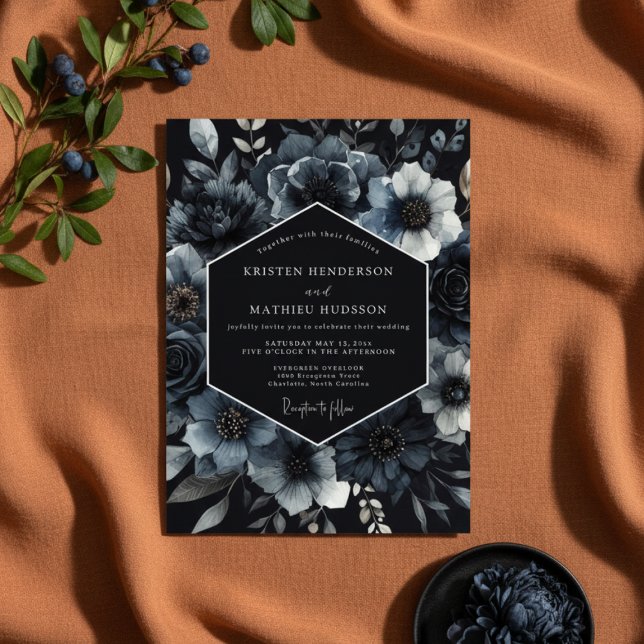 Convite Dark Teal Floral Romance Wedding (Criador carregado)