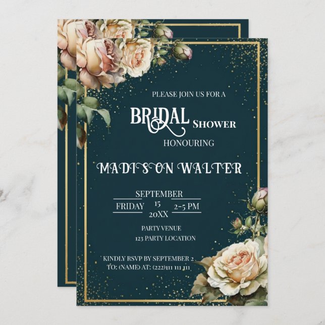 Convite Dark Teal Rustic Rose Bridal Shower Invitation (Frente/Verso)