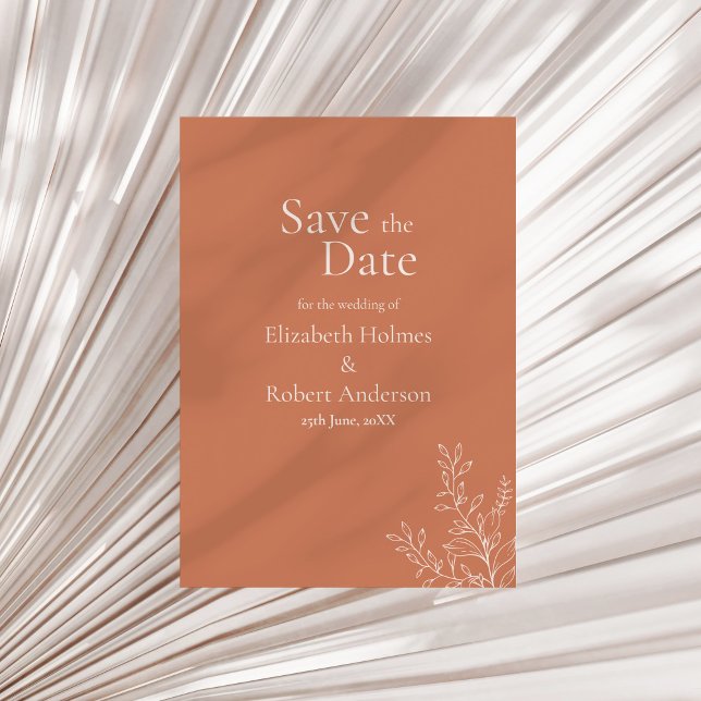 Convite Dark Terracotta Botanical Save the Date (Dark Terracotta Botanical Save the Date Invitation on a sunny dry palm leaf.)